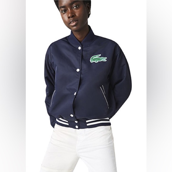 NWOT Women’s Lacoste Varsity Bomber Patch Stripe Jacket Preppy Heritage Sport XS - Picture 3 of 15